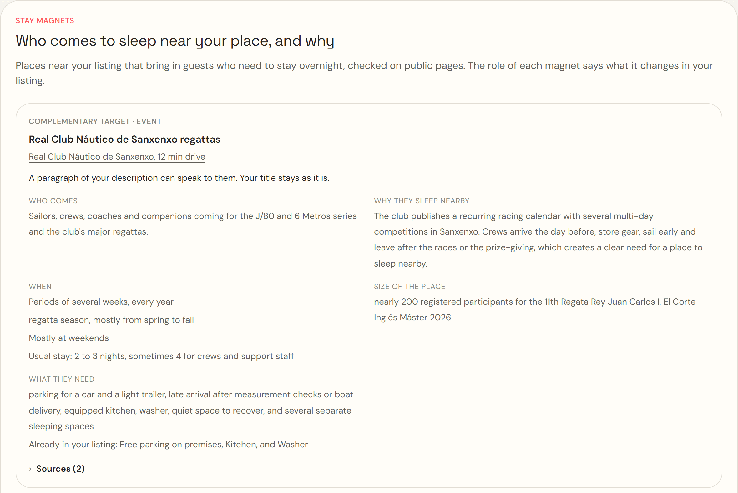 Excerpt from the sample report: a stay magnet, with who comes, when, and what they need